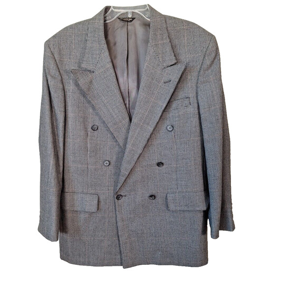 Vintage 90s Bill Blass Houndstooth Wool Double Breasted Blazer Jacket Men 41/42R - Picture 1 of 7